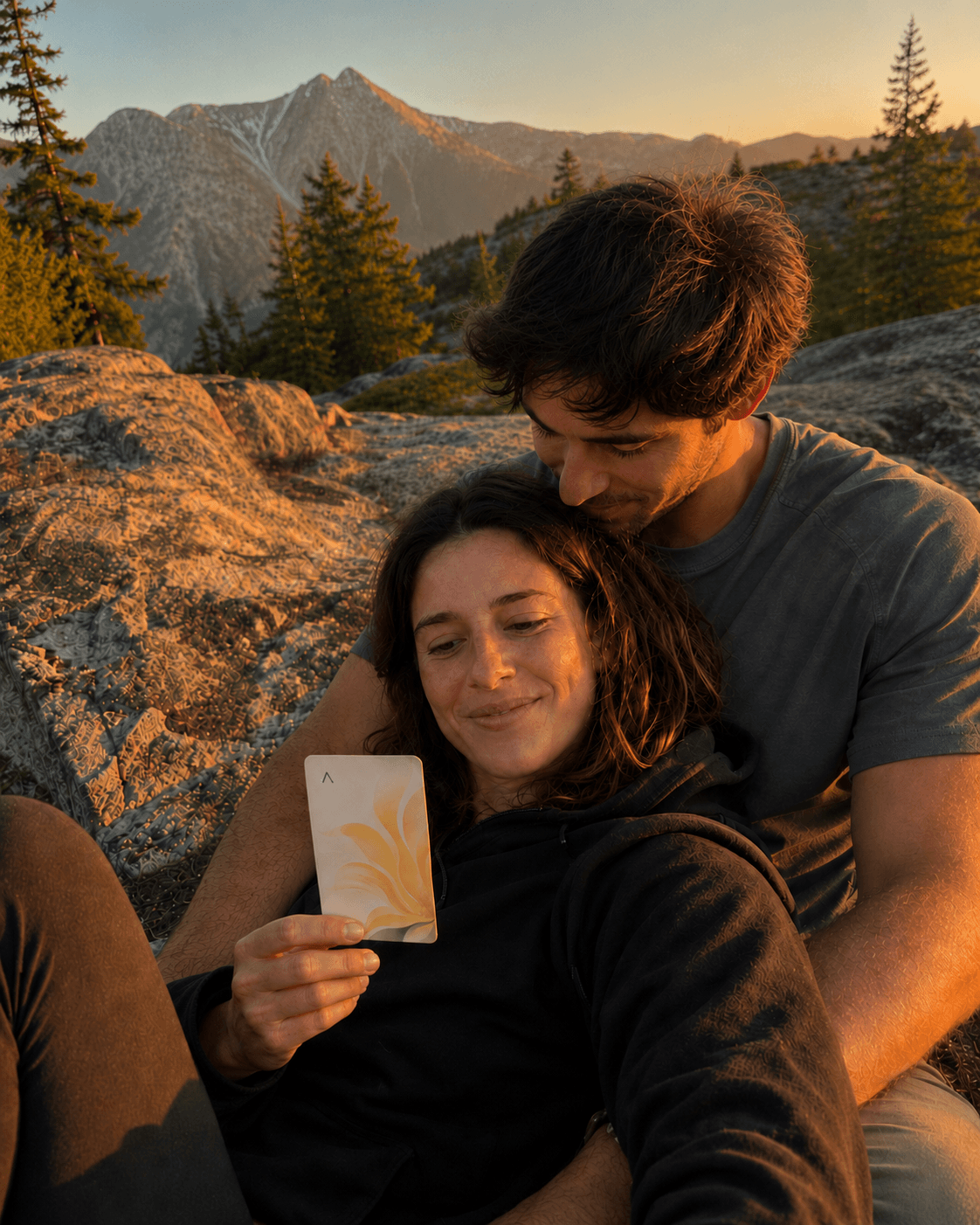 a couple reading the peakplant sunflower question card in the alps