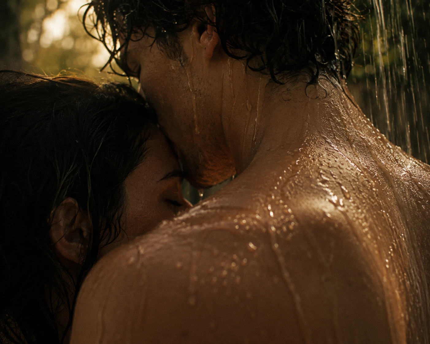 two people in the rain, forehead to forehead